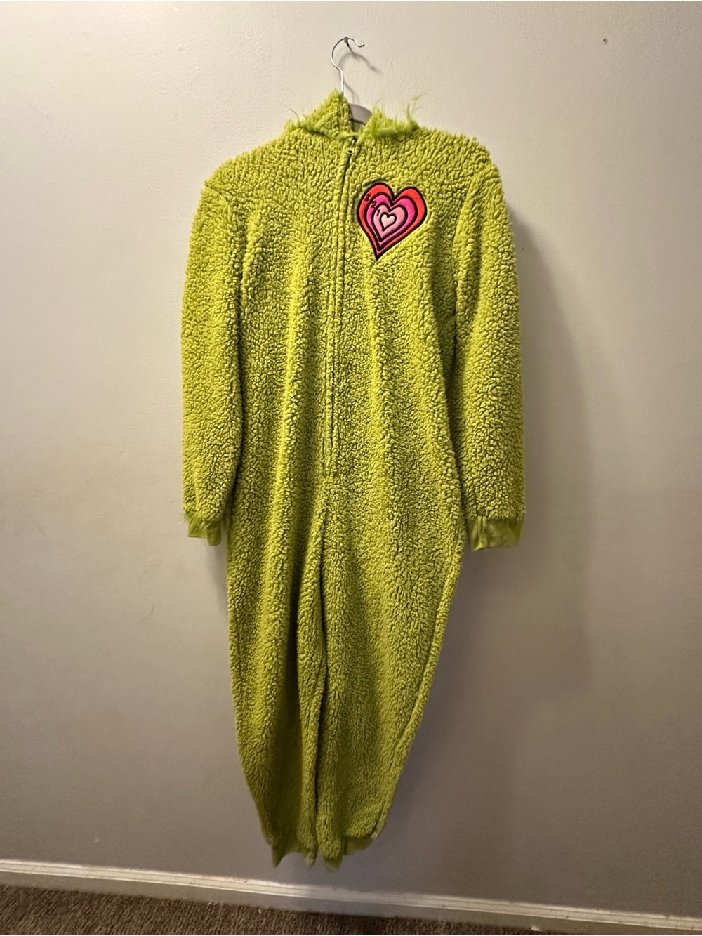 Plush Lime Green Hooded Footie with Pink Heart Patch Dr Seuss The Grinch